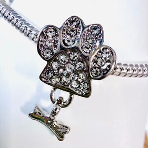 Pandora-like Bead Charm Fits Snake Chain Bracelet Paw Print Bone Silver Tone